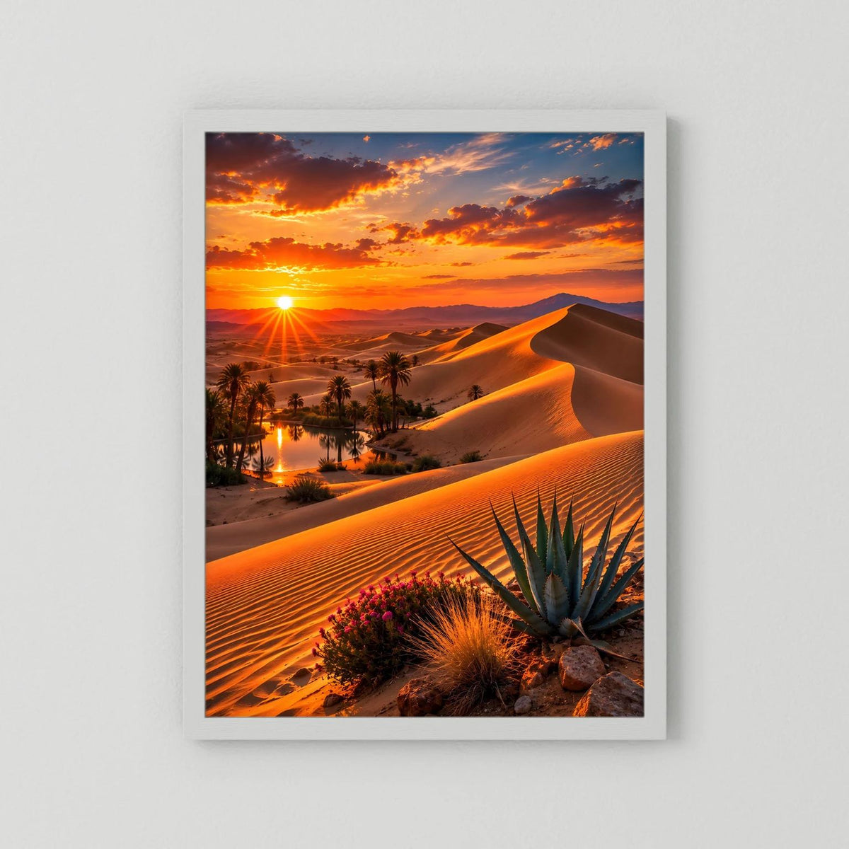 Hochformatiges Wüstenlandschafts-Poster mit Sonnenuntergang, weißer Rand