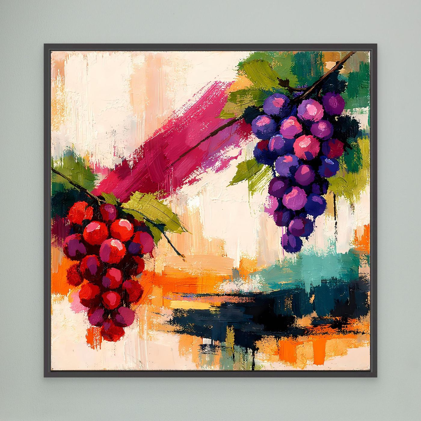 Framed canvas wall art with abstract red and purple grape clusters, black frame