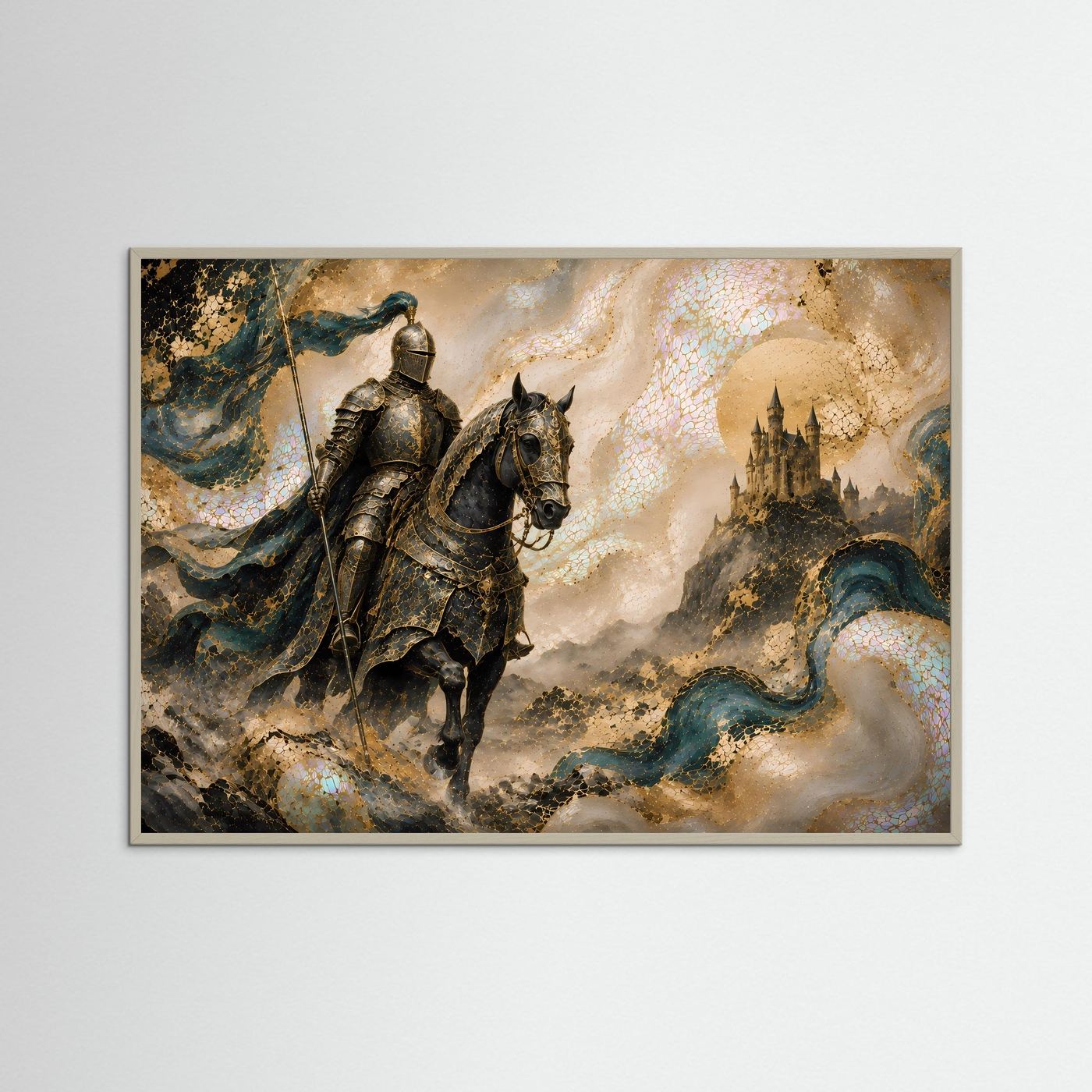 Mittelalterlicher Ritter auf Pferd | Fantasy Schloss in Gold & Petrol