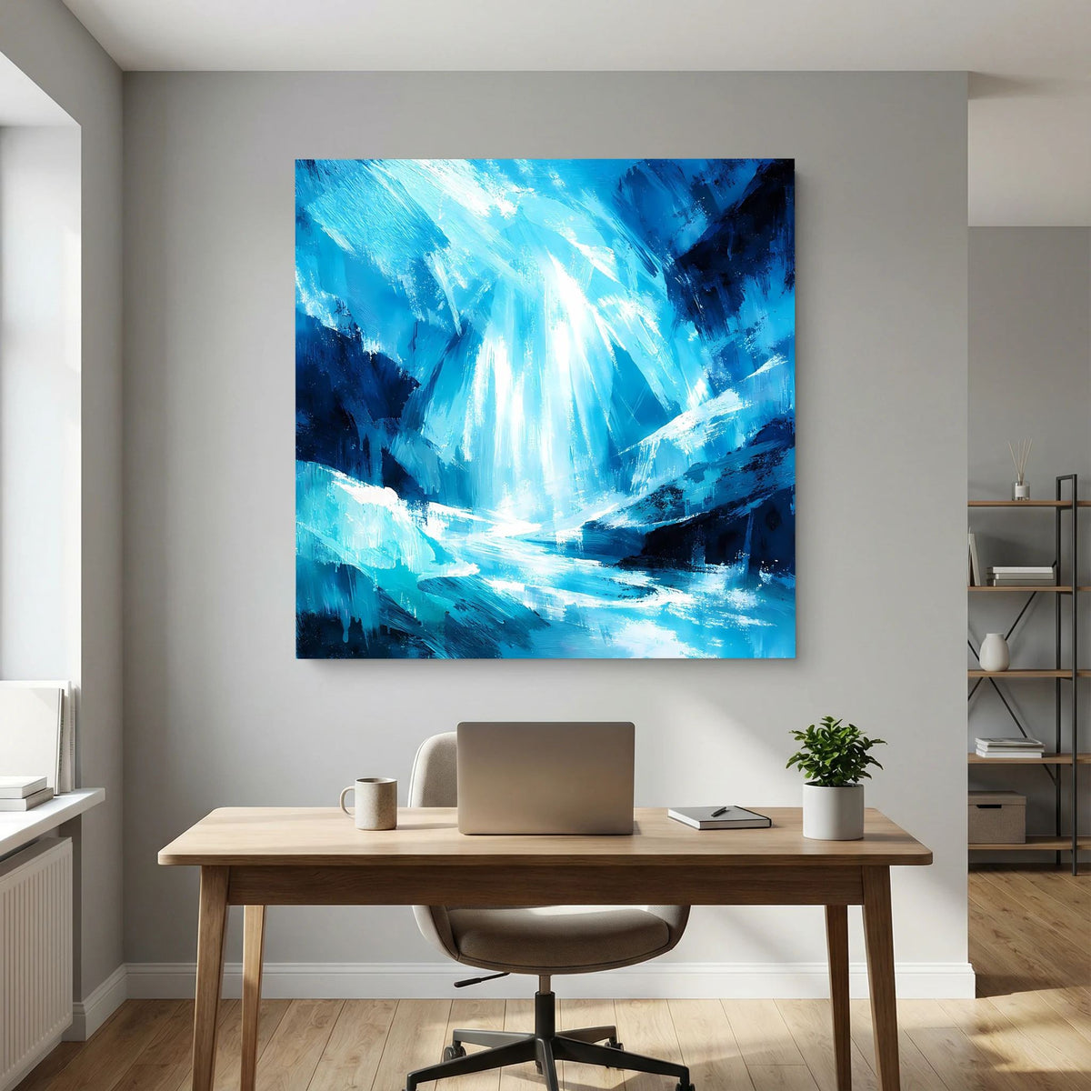 Abstraktes Leinwand-Wandbild in Blau mit Eiswasserfall-Motiv und wischenden Formen