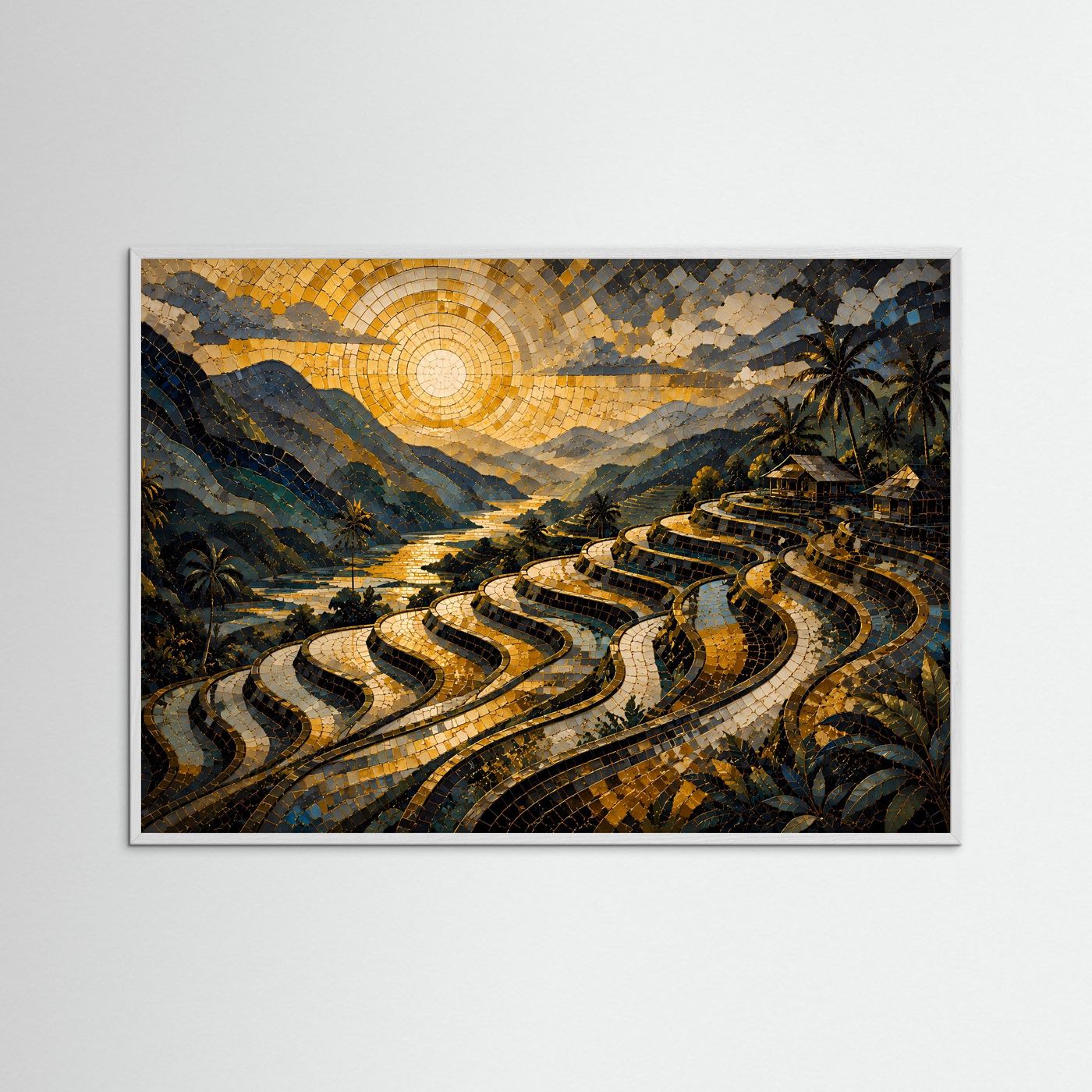 Poster mit Mosaik-Landschaft in weißem Holzrahmen: goldene Sonne, Reisterrassen, Palmen
