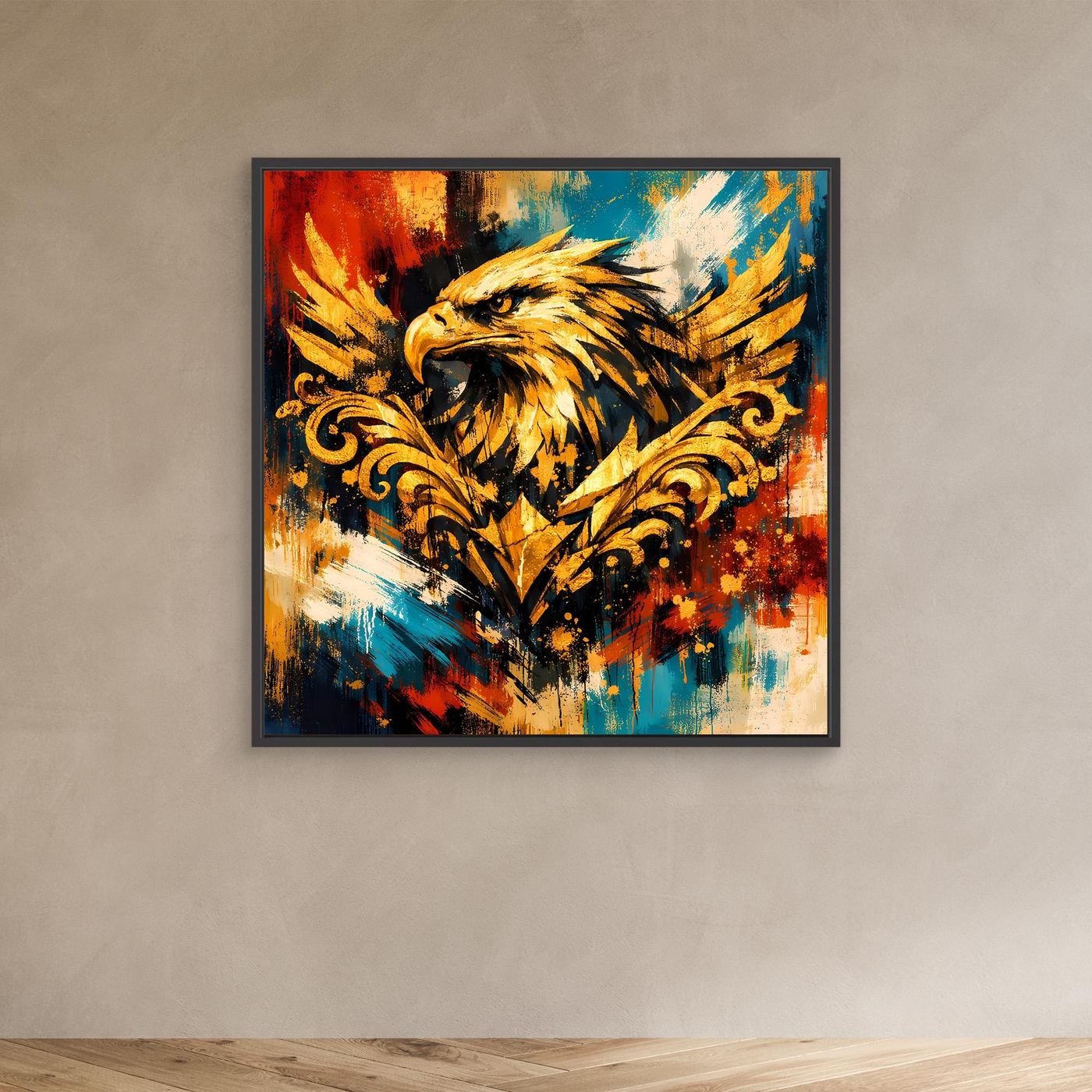 Leinwandbild mit goldenem Adler im Barock-Stil, abstraktes Farbspritzmotiv, schwarzer Rahmen