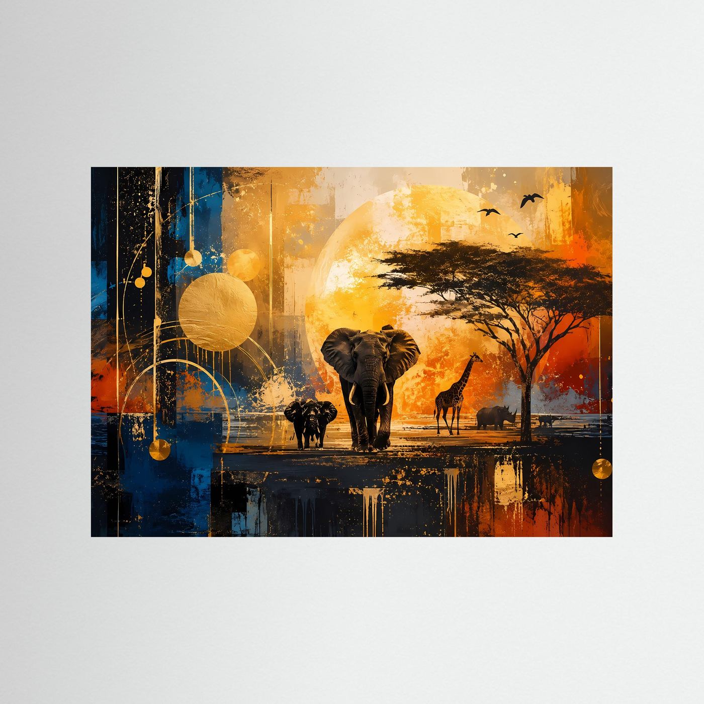 Afrikanische Safari Wandbild | Elefantenfamilie bei Sonnenuntergang in Gold & Blau
