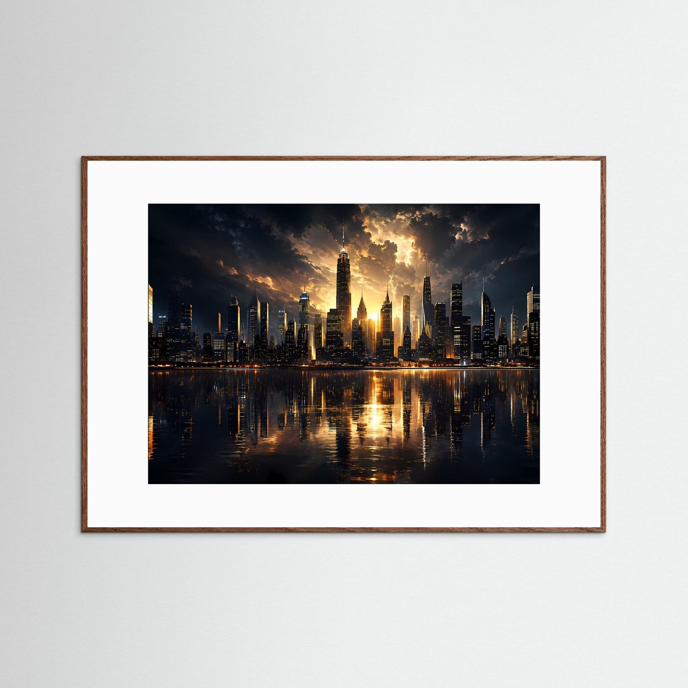 Skyline Poster Gold Schwarz | Moderne Wolkenkratzer bei Sonnenuntergang | City Skyline Wandbild | Luxus Architektur | Leinwand | Premium Wall Art