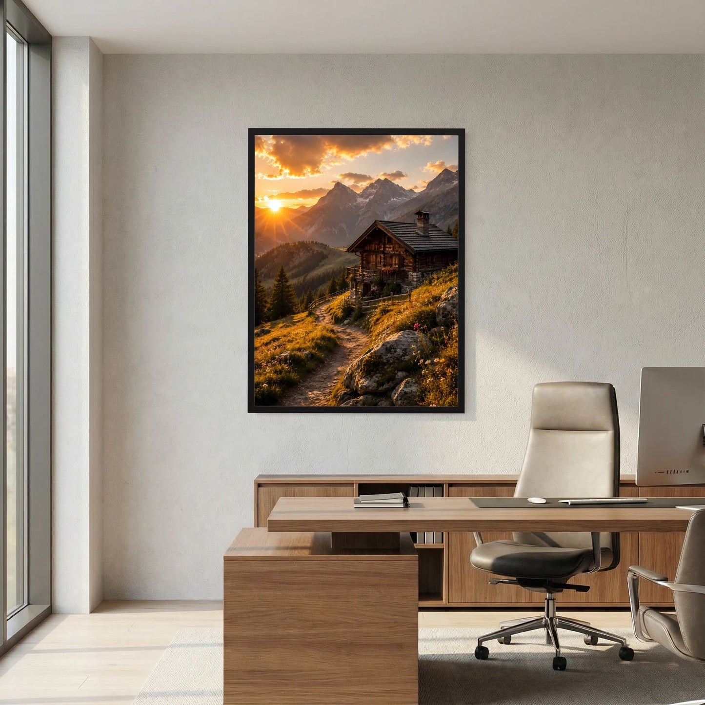 Poster mit Berghütte im Sonnenuntergang, schwarzer Rahmen