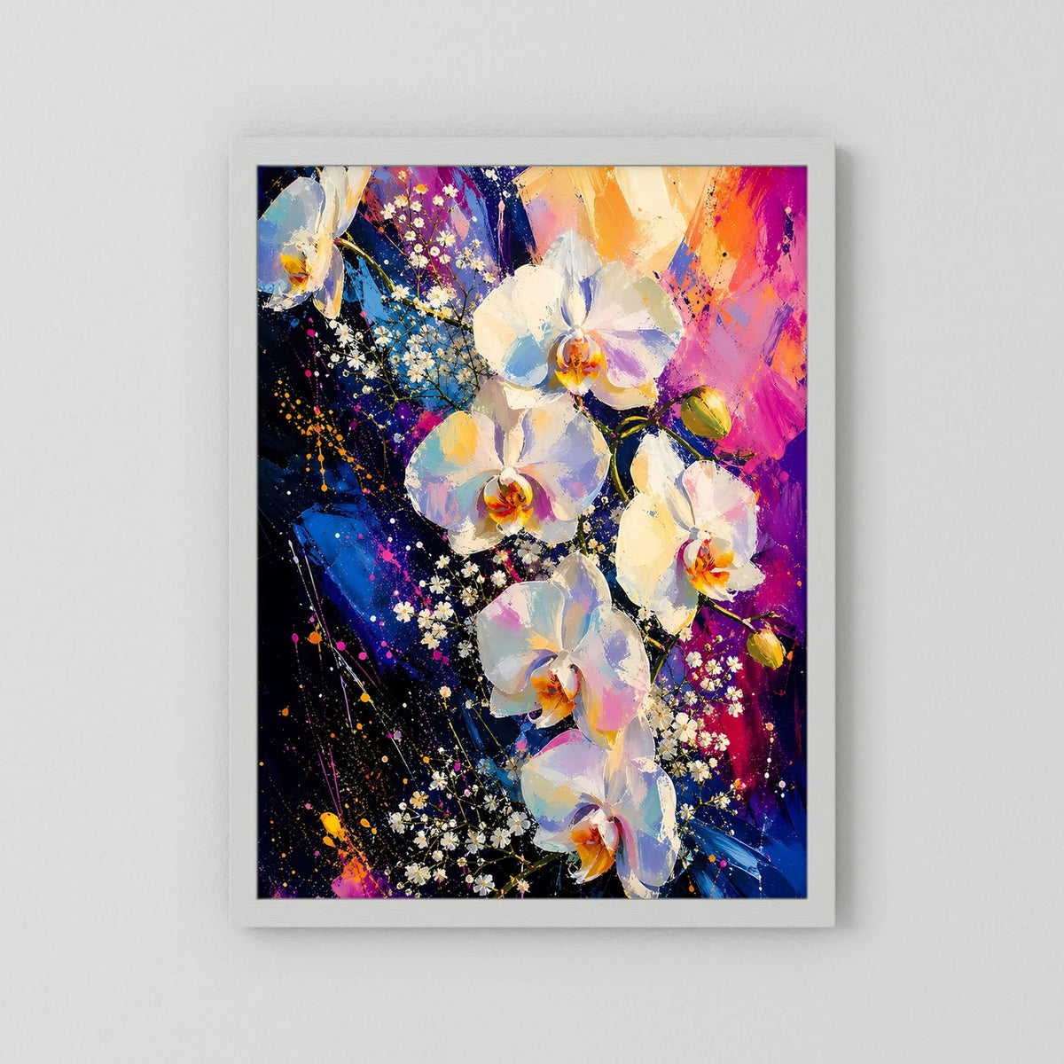 Poster mit abstrakten weißen Orchideen in Pink, Blau und Gold, weißer Rand
