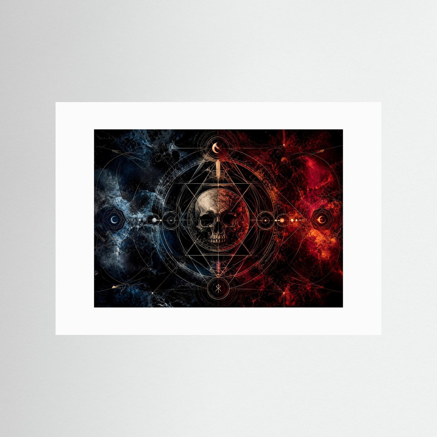 Querformat-Poster mit Totenkopf und roter/blauer Geometrie, ohne Rahmen, weißer Rand