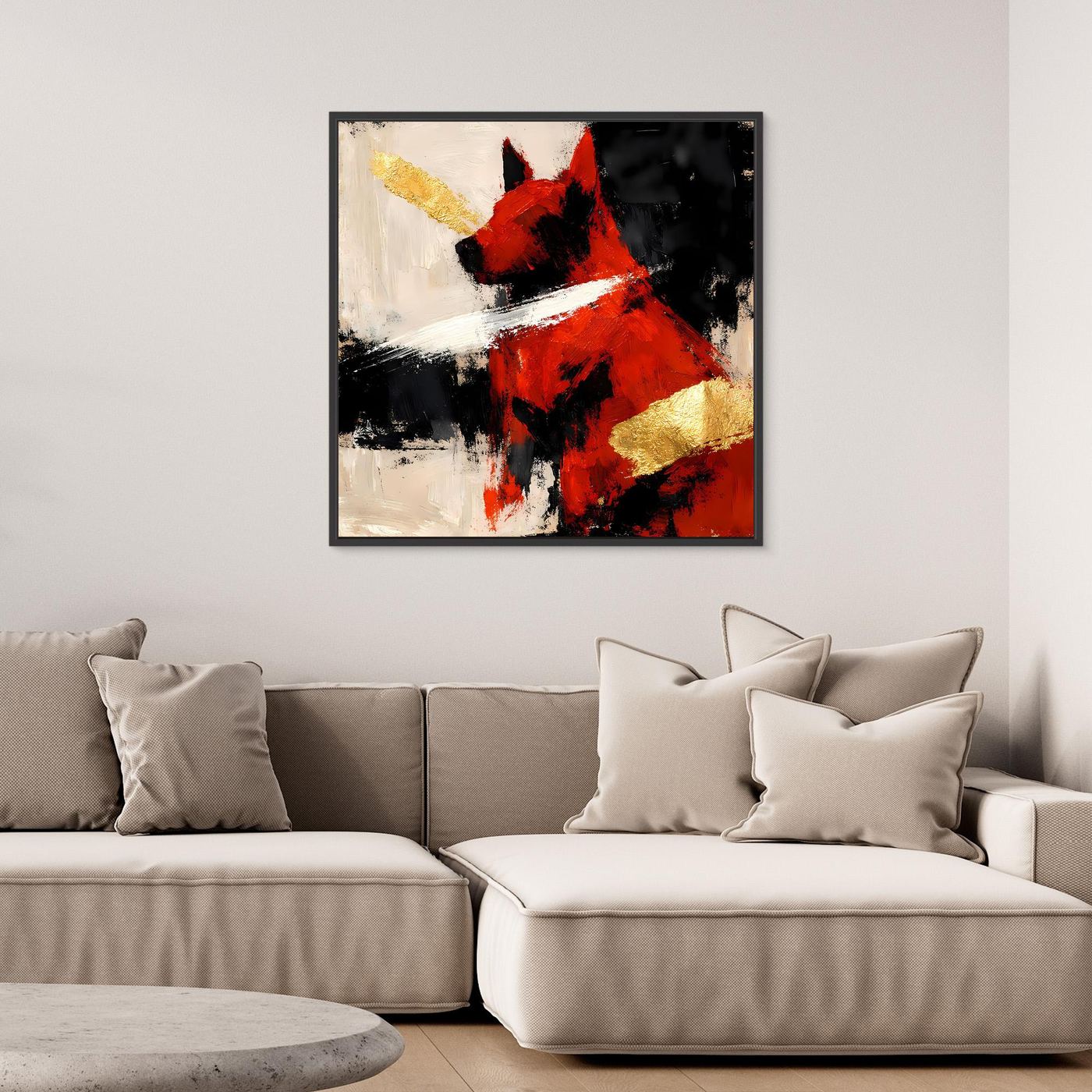 Abstraktes Leinwand-Wandbild eines Hundes in Rot und Gold mit schwarzem Rahmen