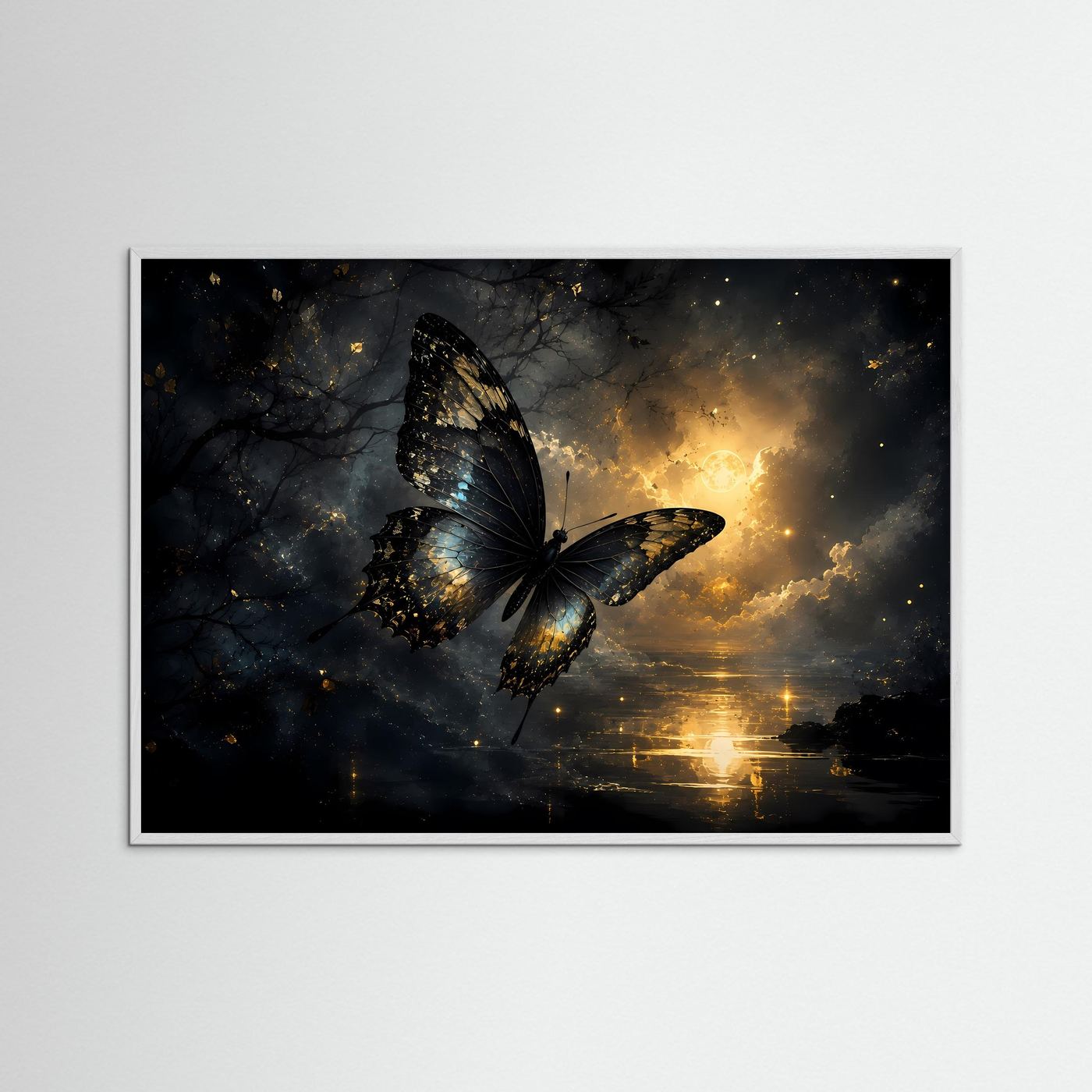 Schwarzer Schmetterling in Gold | Mystisches Fantasy Wandbild Querformat