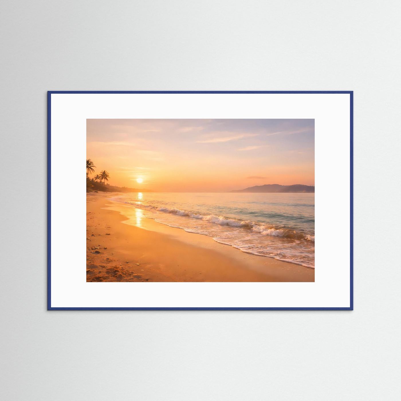 Wandbild Sonnenuntergang am Strand mit blauem Rahmen, Hochformat