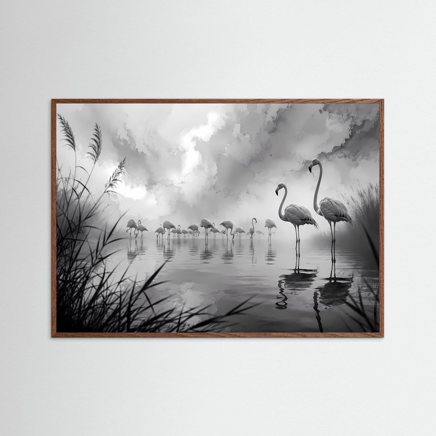 Flamingos im Nebel Schwarz-Weiß | Elegante Natur Wandkunst