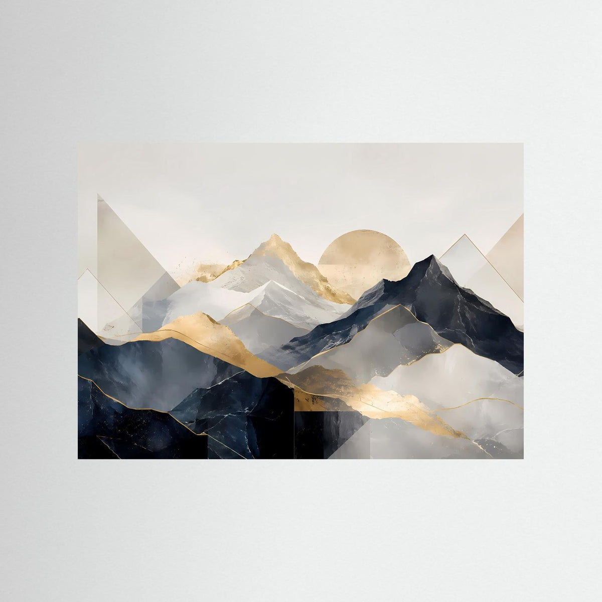 Querformat-Poster mit abstrakter Berglandschaft in Beige, Gold und Dunkelblau, ohne Rahmen.
