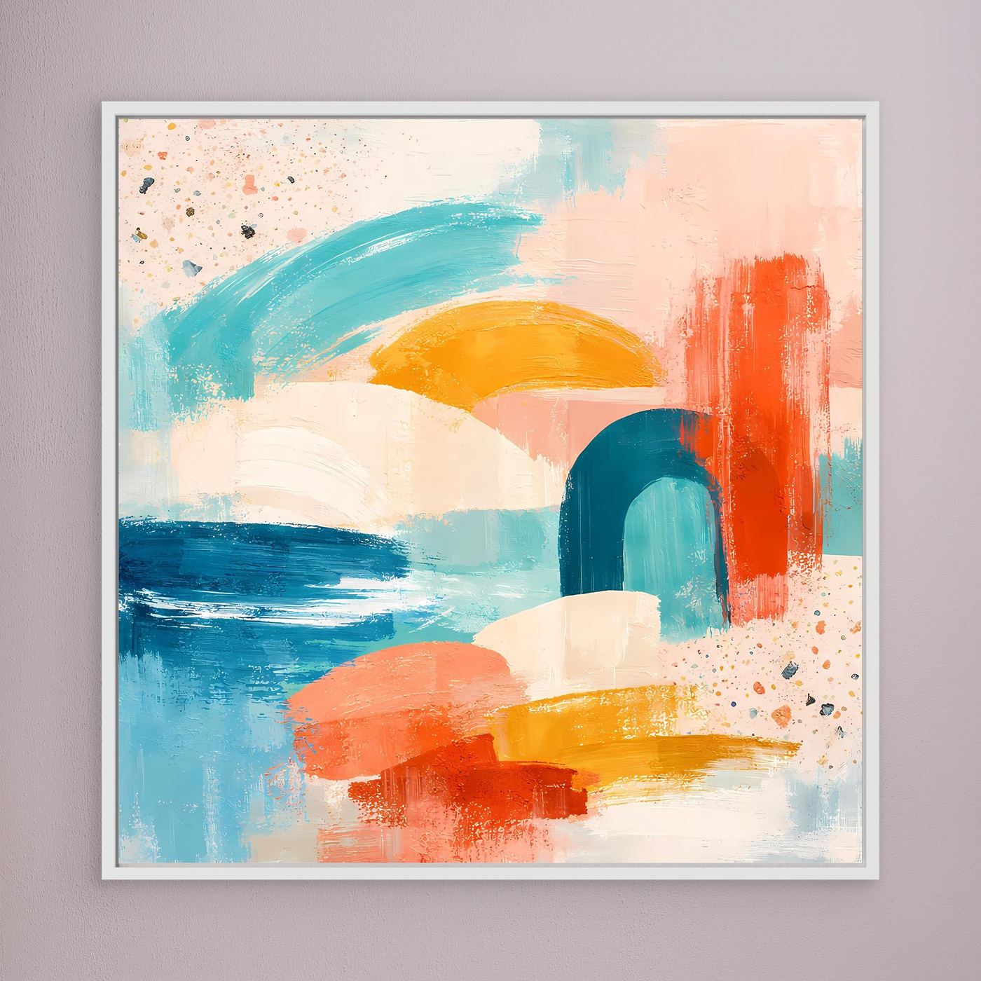 White-framed abstract pastel canvas with teal, coral, blue, and yellow layered brushstrokes.
