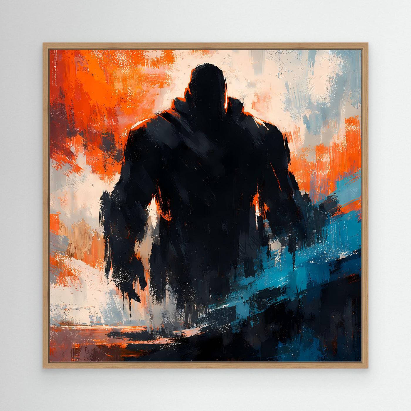 Abstraktes Wandbild mit Leinwandmotiv: dunkle Silhouette, orange und türkisblauer Pinselstrich im Eichenrahmen