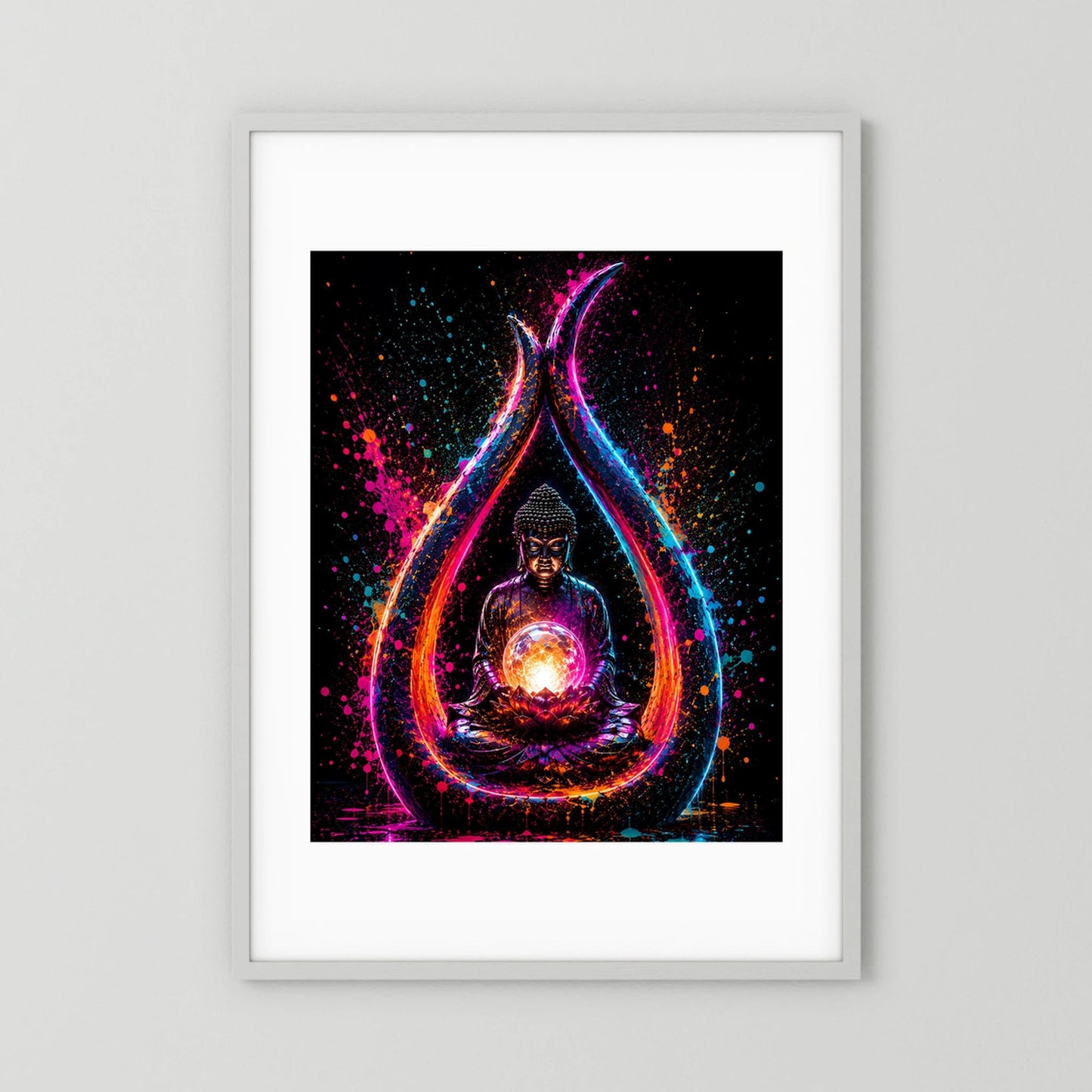Buddha in Neonfarben | Meditation mit leuchtender Lotusblüte | Poster Hochformat