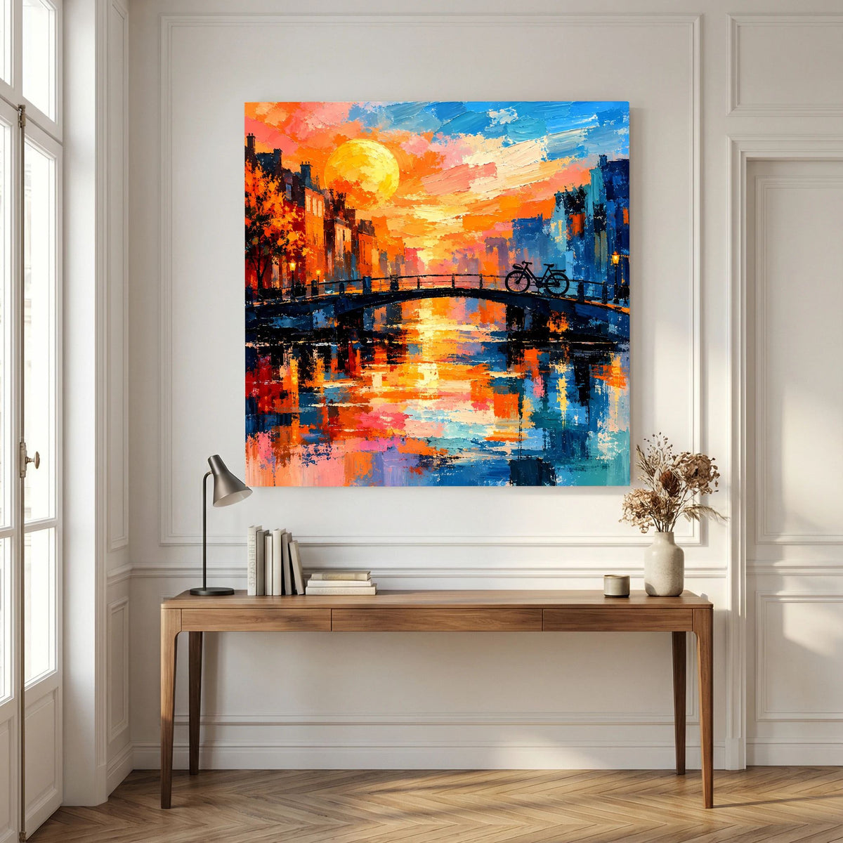 Leinwand Abstraktes Amsterdam Gemälde | Modernes Romantisches Grachten Wandbild mit Fahrrad