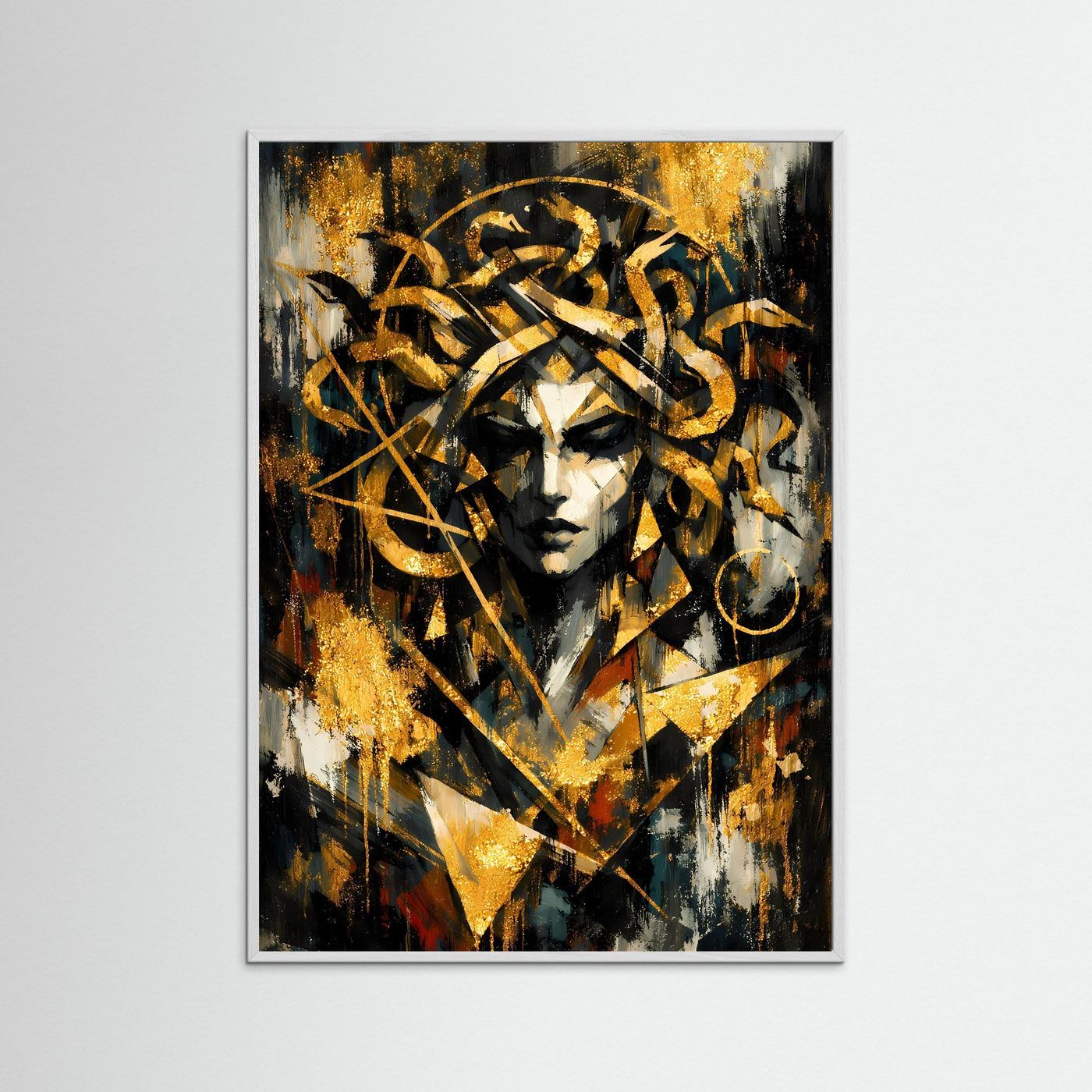 Mythologie-Poster im Hochformat mit Medusa-Porträt in Gold-, Schwarz- und Weißtönen, mit schwarzem Rahmen
