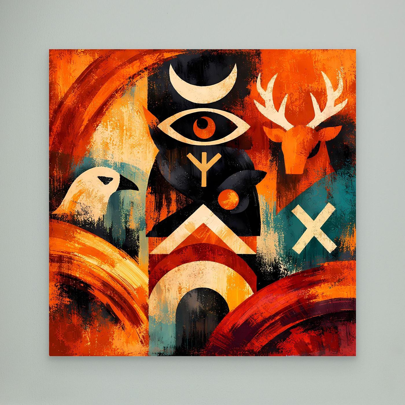 Abstraktes Leinwandbild mit Totem, Auge und Runen; orange, türkis, schwarz
