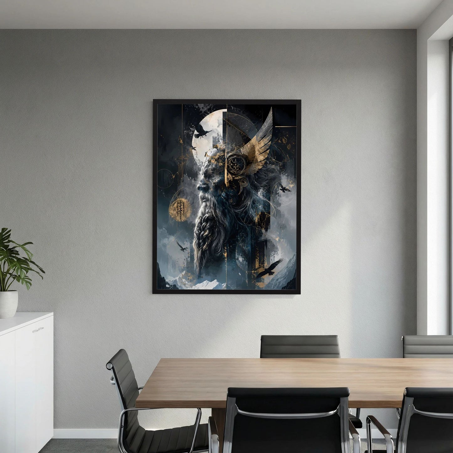Hochformat-Poster im schwarzen Rahmen mit düsterem Wolfswesen, Flügeln und goldenen Symbolen