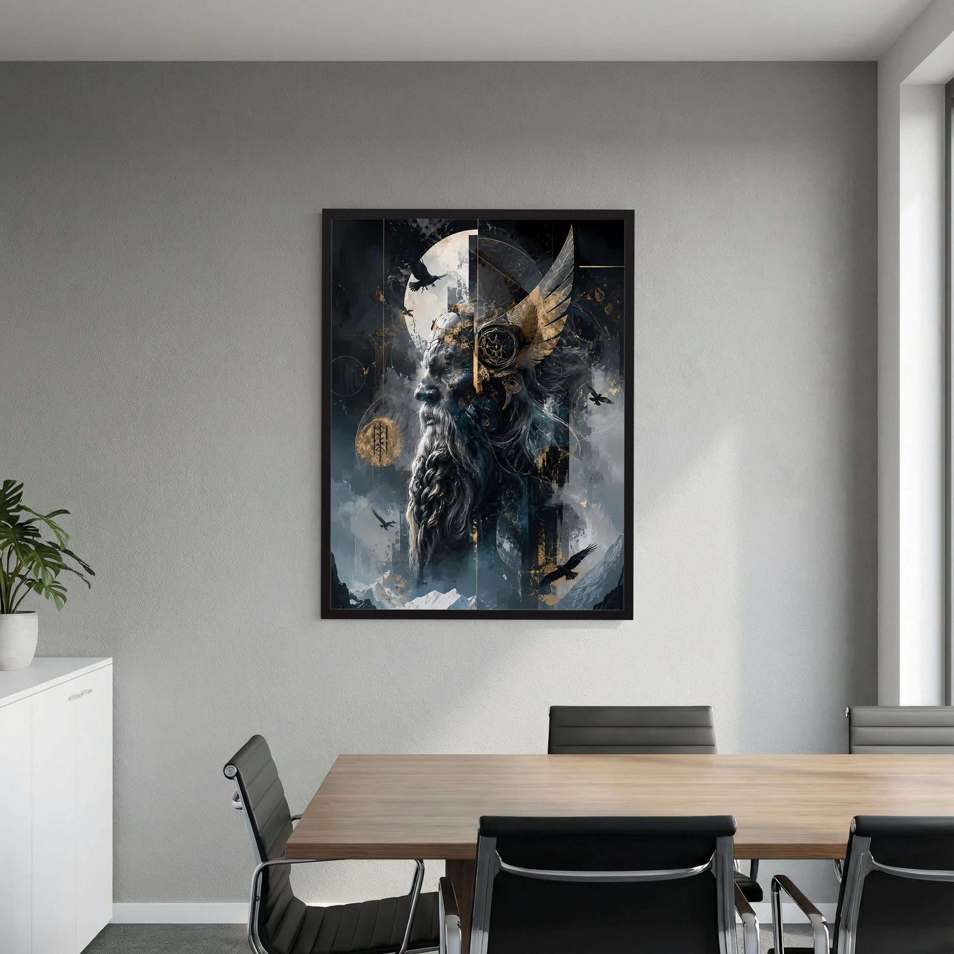 Hochformat-Poster im schwarzen Rahmen mit düsterem Wolfswesen, Flügeln und goldenen Symbolen