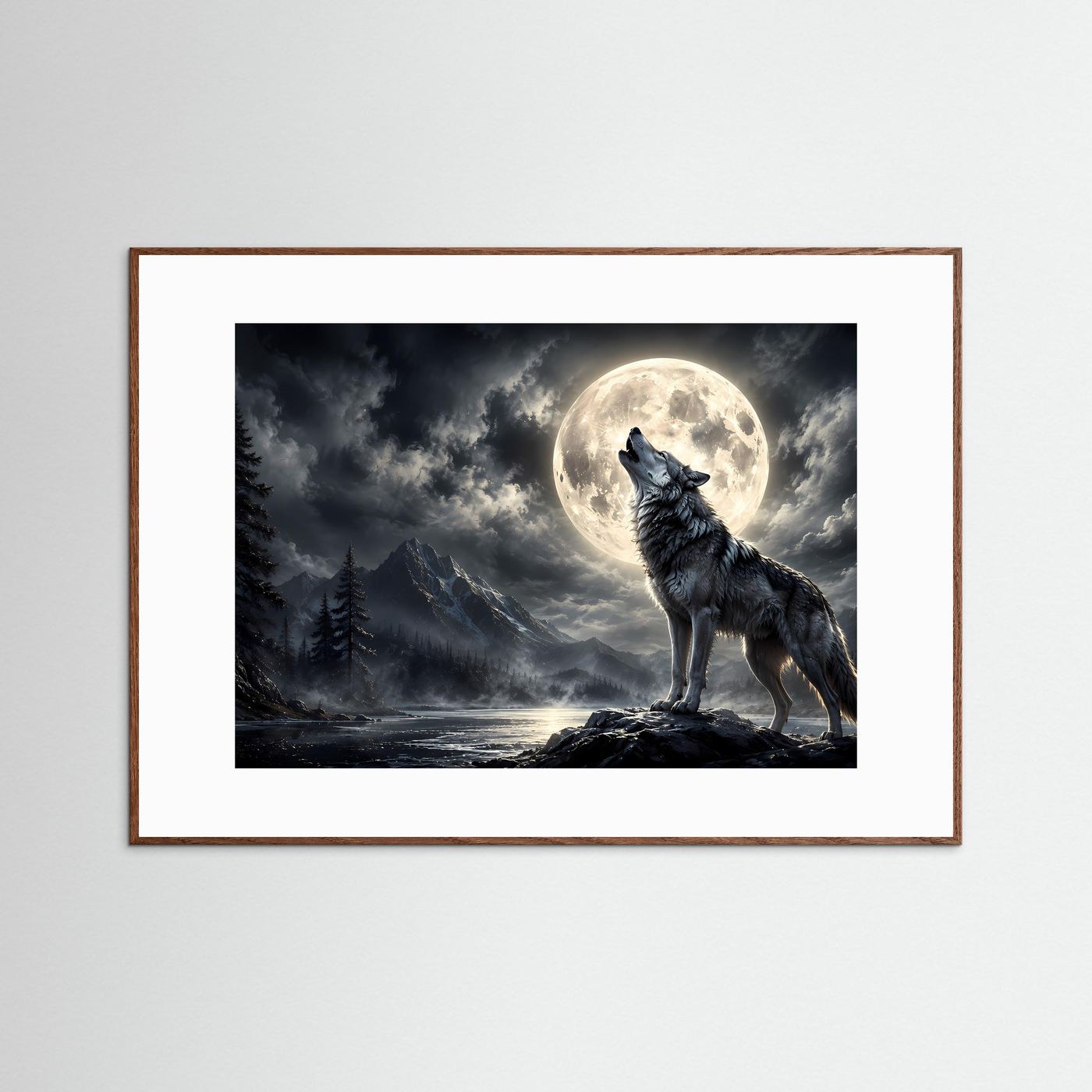 Wolf-Wandbild mit heulendem Wolf vor Vollmond, dunkle Waldszene, brauner Holzrahmen