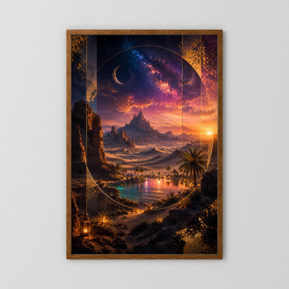 Hochformatiges Poster mit braunem Holzrahmen, surreales Wüstenmotiv mit Mond im Kreis.