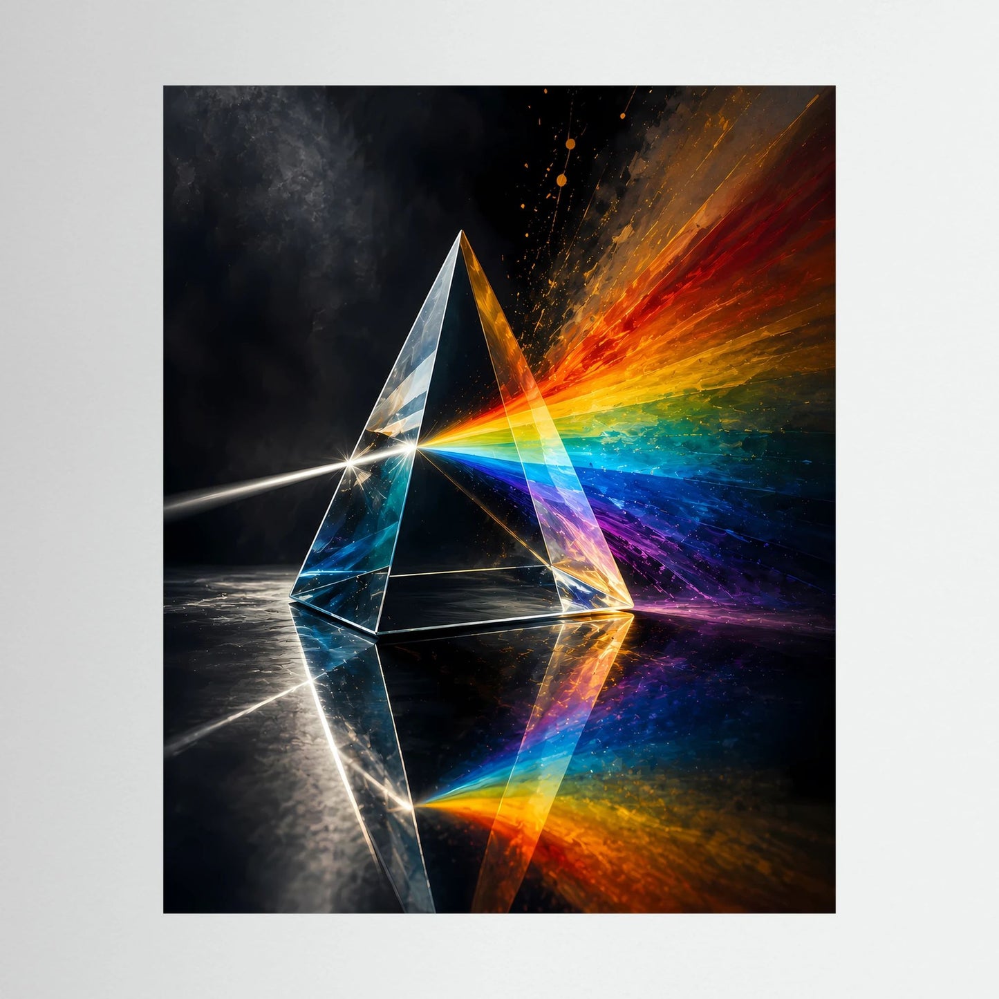 Poster im Hochformat mit farbigem Lichtprisma und Regenbogen-Spektrum auf dunklem Hintergrund.