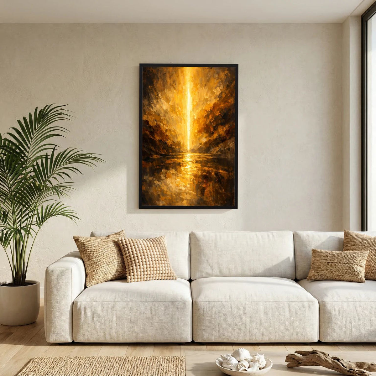Wandposter mit schwarzem Rahmen, gold-schwarze Schluchtlandschaft mit hell leuchtendem Lichtstrahl