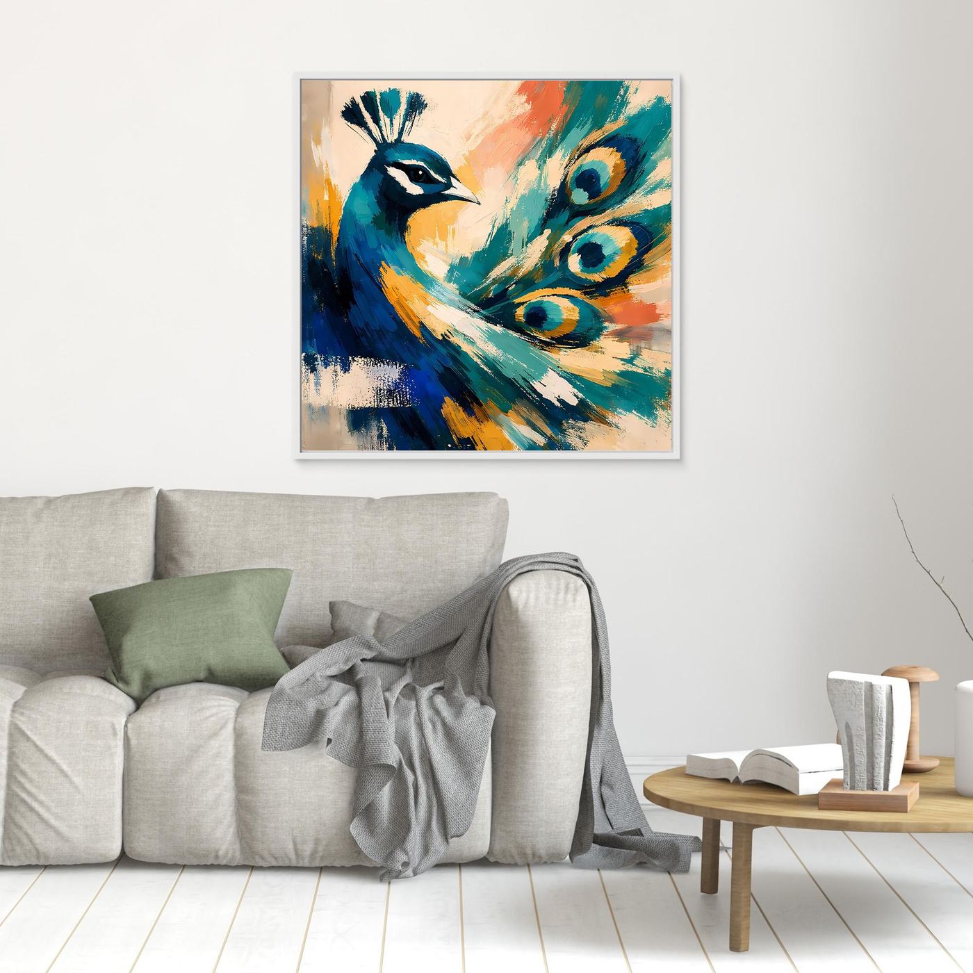 Abstract peacock wall canvas with blue and teal feathers, in white frame