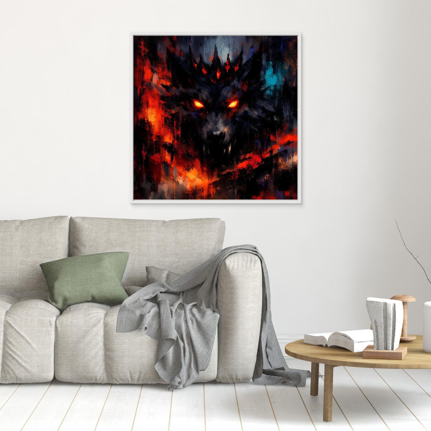 Quadratisches Wolf-Leinwandbild mit Rot- und Blauakzenten, leuchtende Augen, schwarzer Rahmen