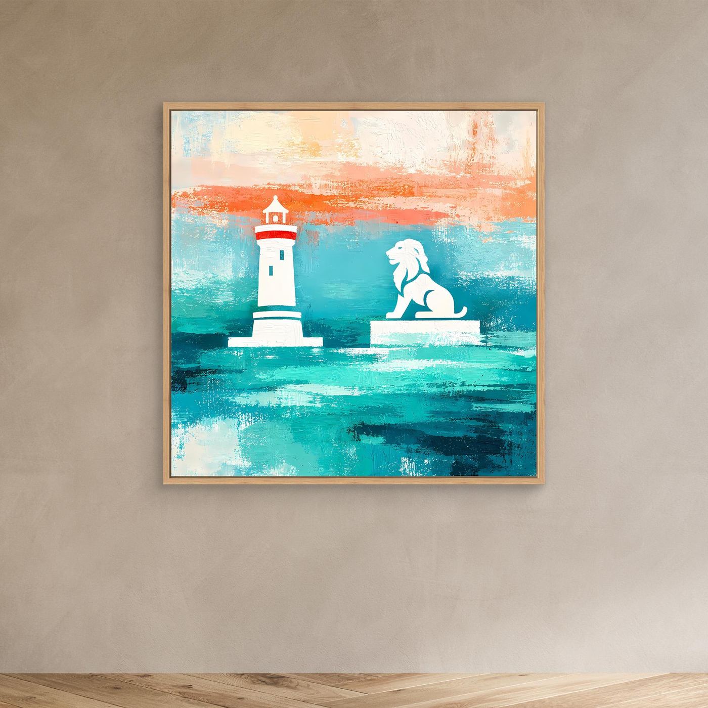 Leinwand Maritimer Leuchtturm und Löwe | Abstraktes Küsten Wandbild Lindau