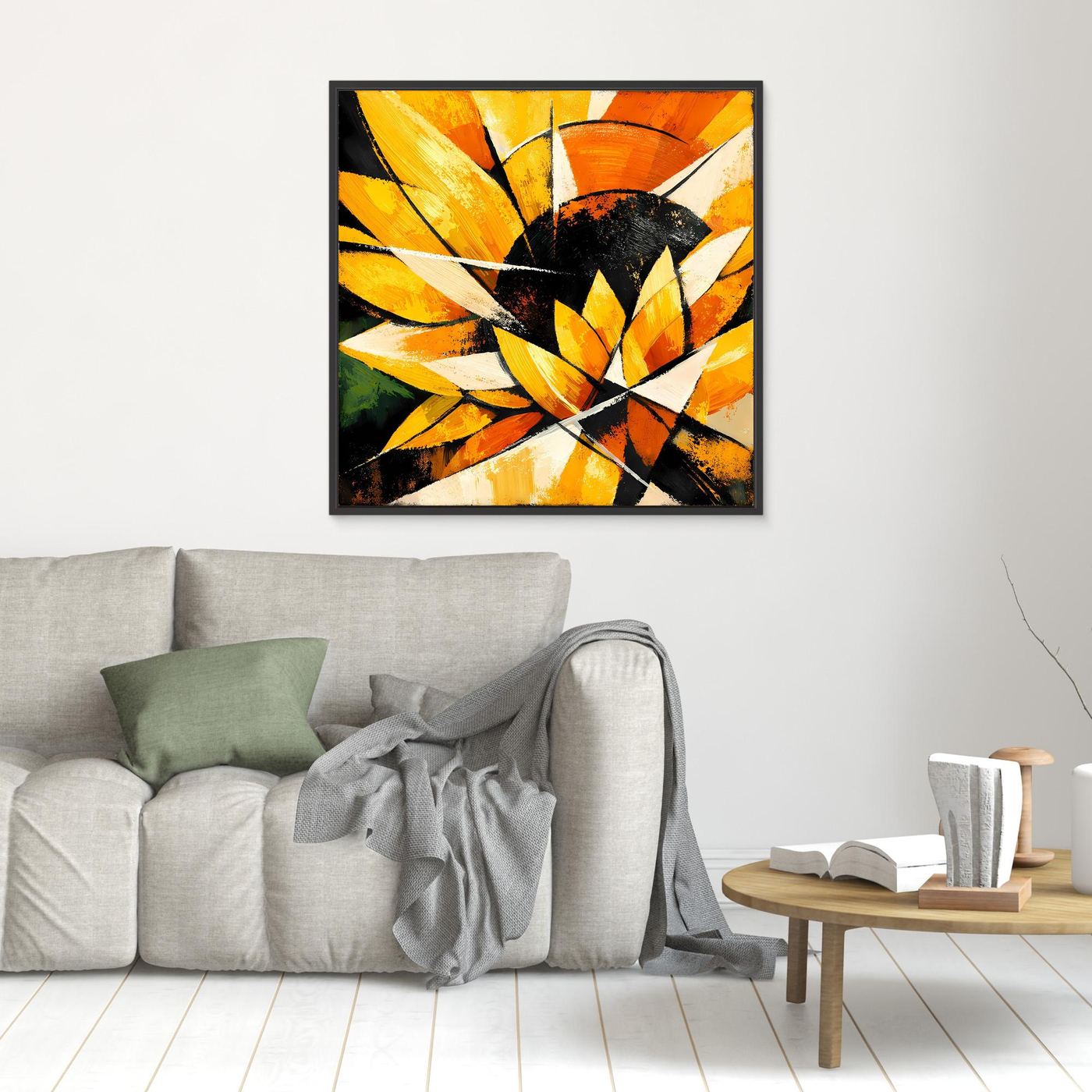 Leinwandbild abstrakte Sonnenblume mit gelb-orangenen Blüten und schwarzem Zentrum, schwarz gerahmt
