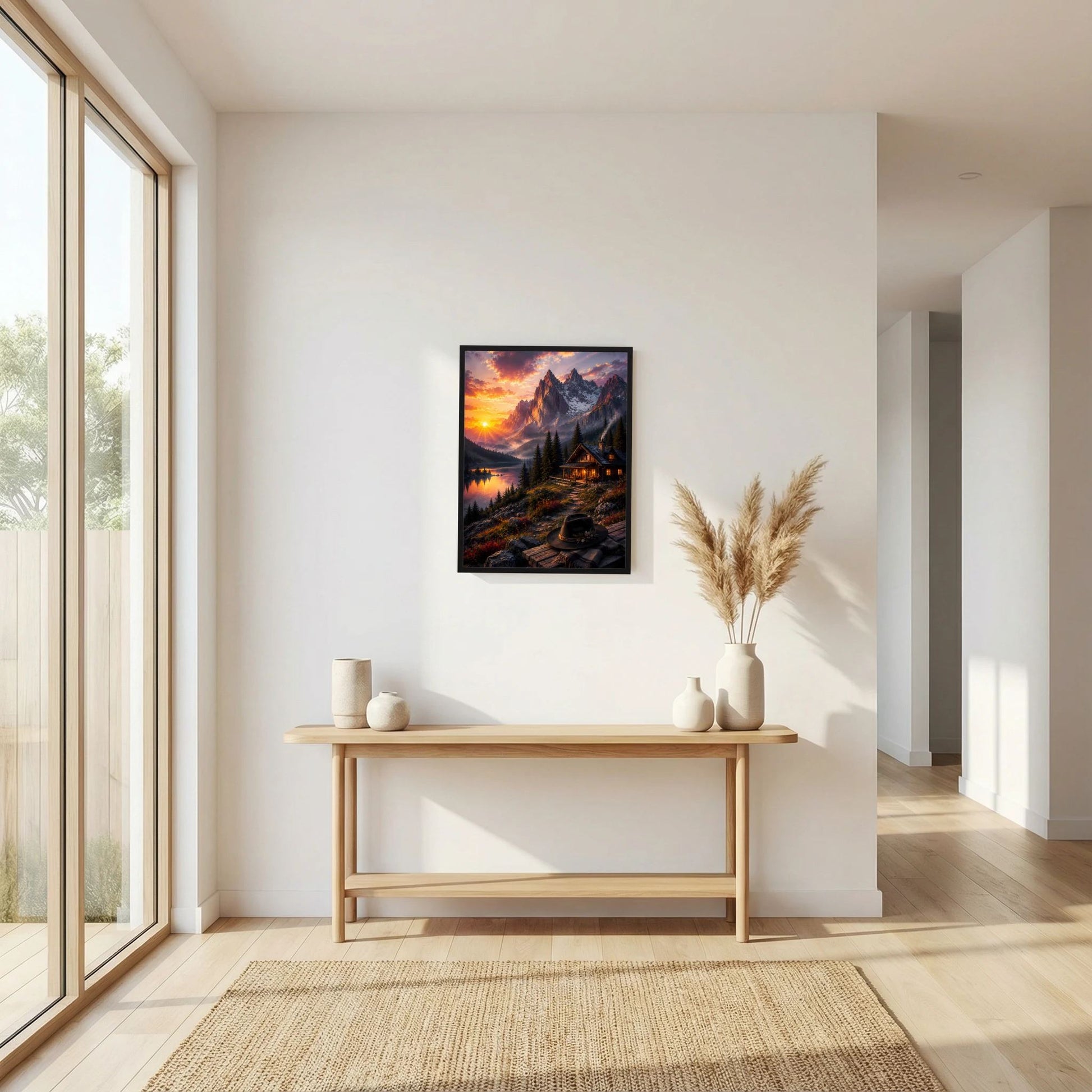 Hochformatiges Poster mit schwarzem Rahmen: felsiger Weg und Berghütte am See bei Sonnenuntergang