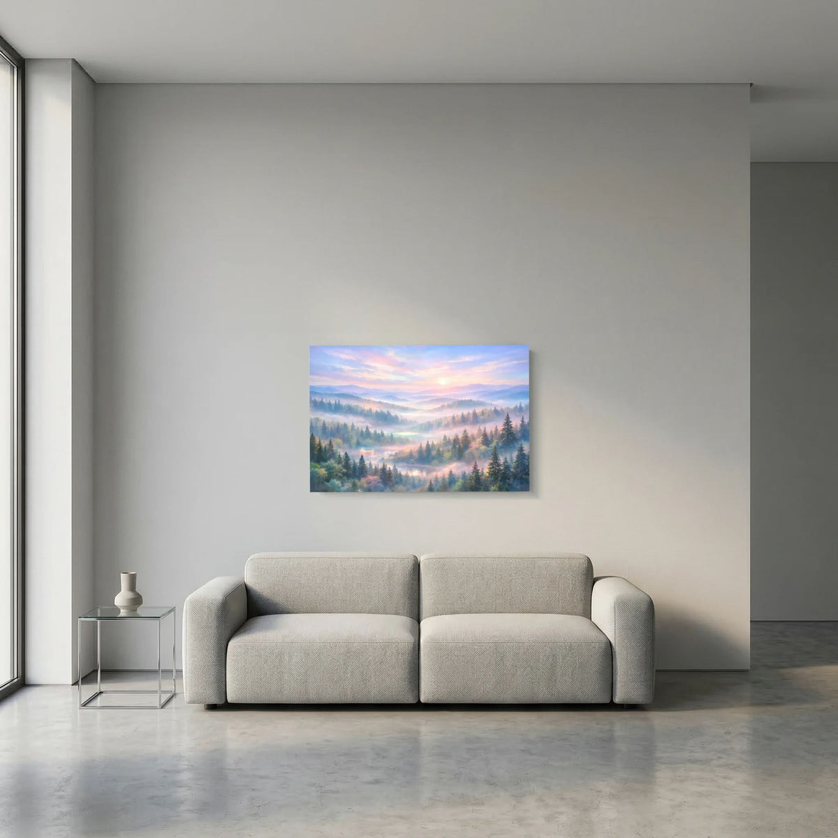 Wandbild im Querformat mit stiller Waldlandschaft im Morgendunst und Sonnenaufgang