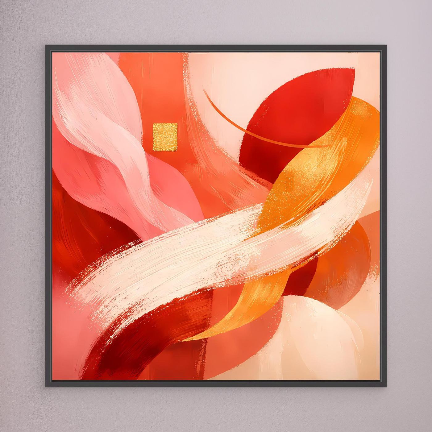 Gerahmtes abstraktes Leinwandbild Rot-Orange-Gold mit weißen Pinselstrichen, schwarzer Rahmen