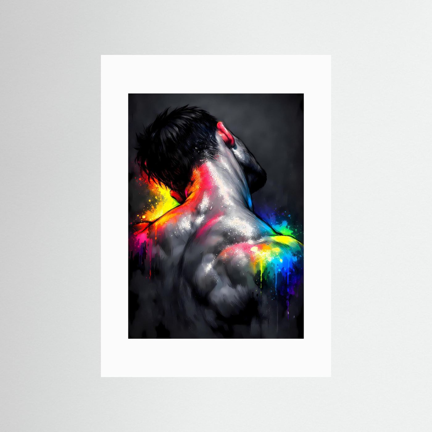 The Neon Back | Luxuriöses Mann Rückenakt Poster Bunt & Dunkel | Abstraktes Body Art Kunstposter Hochformat