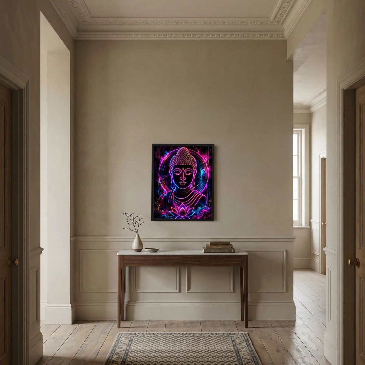 Neon-Buddha im Lotus als Rahmenbild an einer Flurwand, dezente Neontöne.