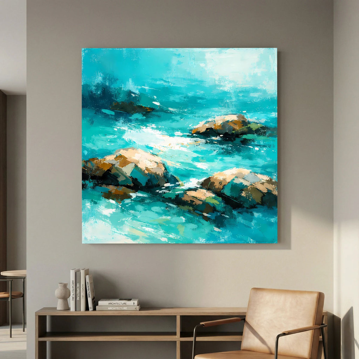 Leinwand-Wandbild: türkisfarbenes Wellenmeer mit Felsen