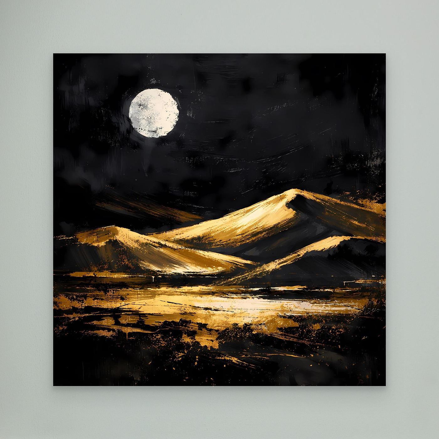 Leinwand Goldene Wüstendünen bei Vollmond | Modernes Abstraktes Landschafts Wandbild