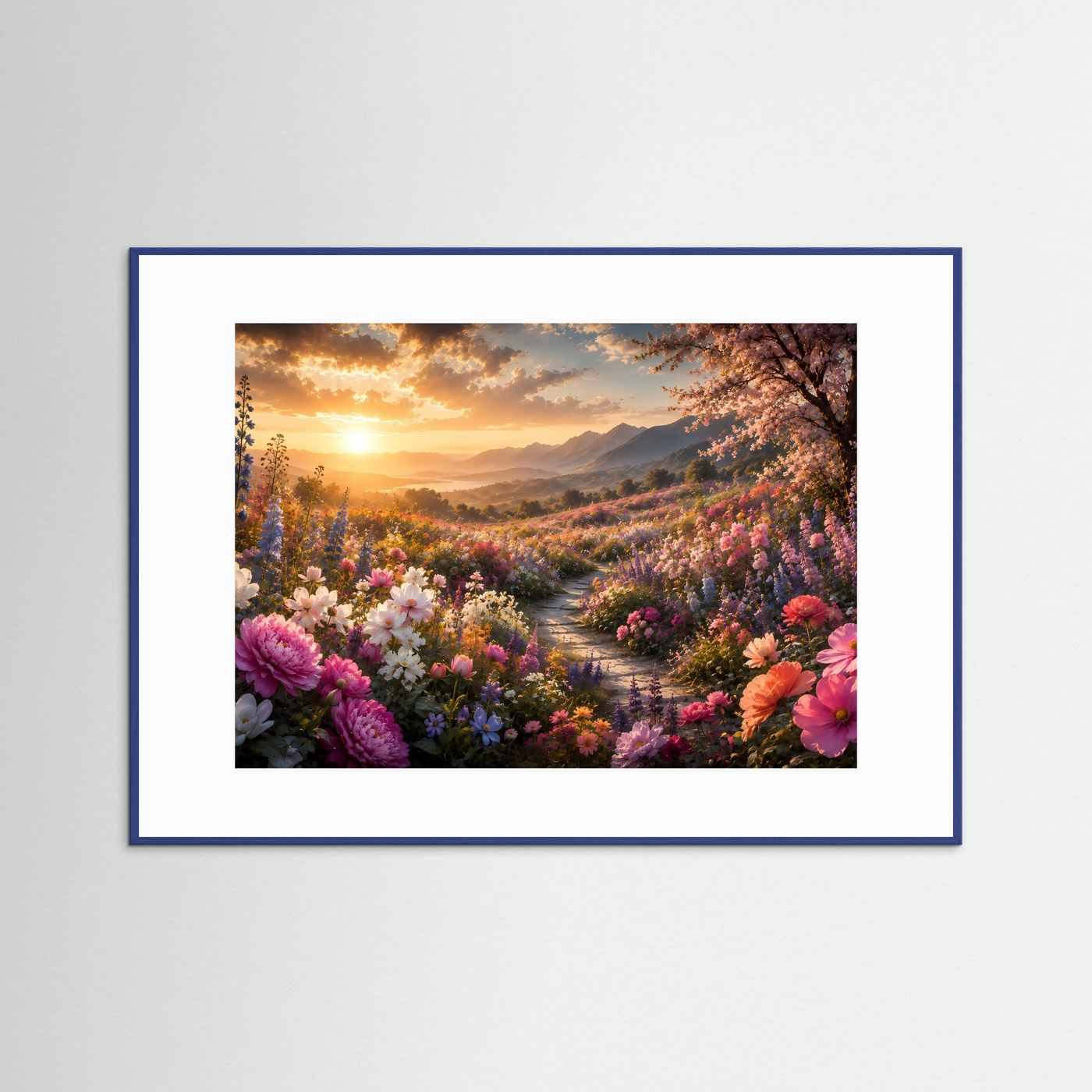 Blühende Bergwiese im goldenen Sonnenuntergang | Farbenprächtiges Blumenmeer mit Bergpanorama in Rosa, Violett & Gold | Romantische Natur Wandkunst