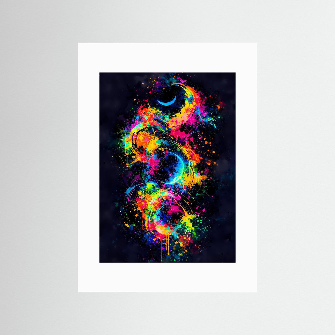 Kosmische Zyklen | Abstraktes Mond & Galaxie Poster in bunten Neonfarben | Modernes Kunstposter Hochformat