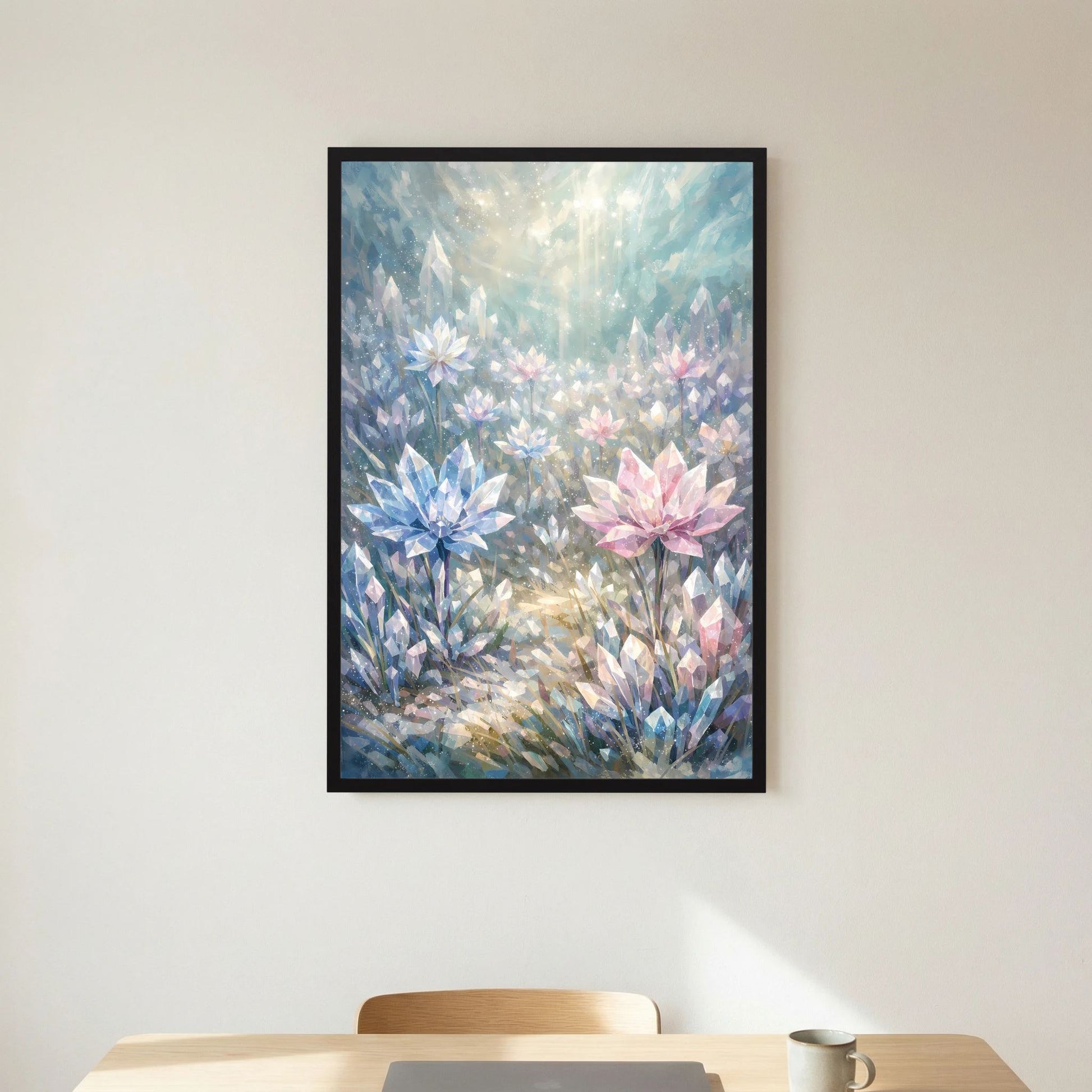 Framed Hochformat-Poster mit Kristallblumen in Blau und Rosa, schwarzer Rahmen.