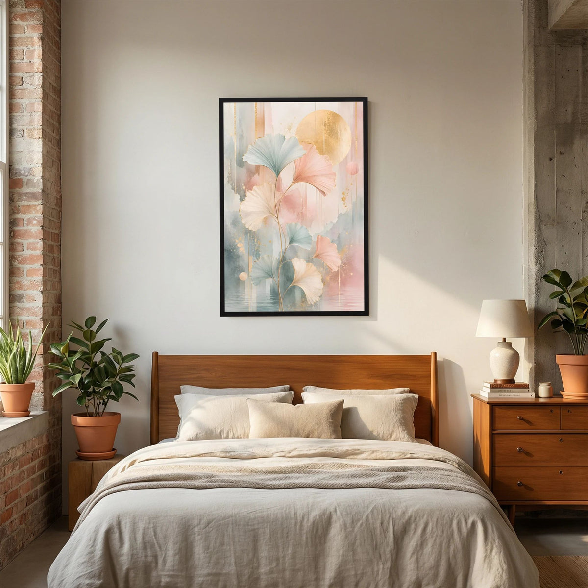 Kunstposter im Hochformat mit pastelligen Blättern in Rosa, Salbeigrün und Gold, schwarz gerahmt