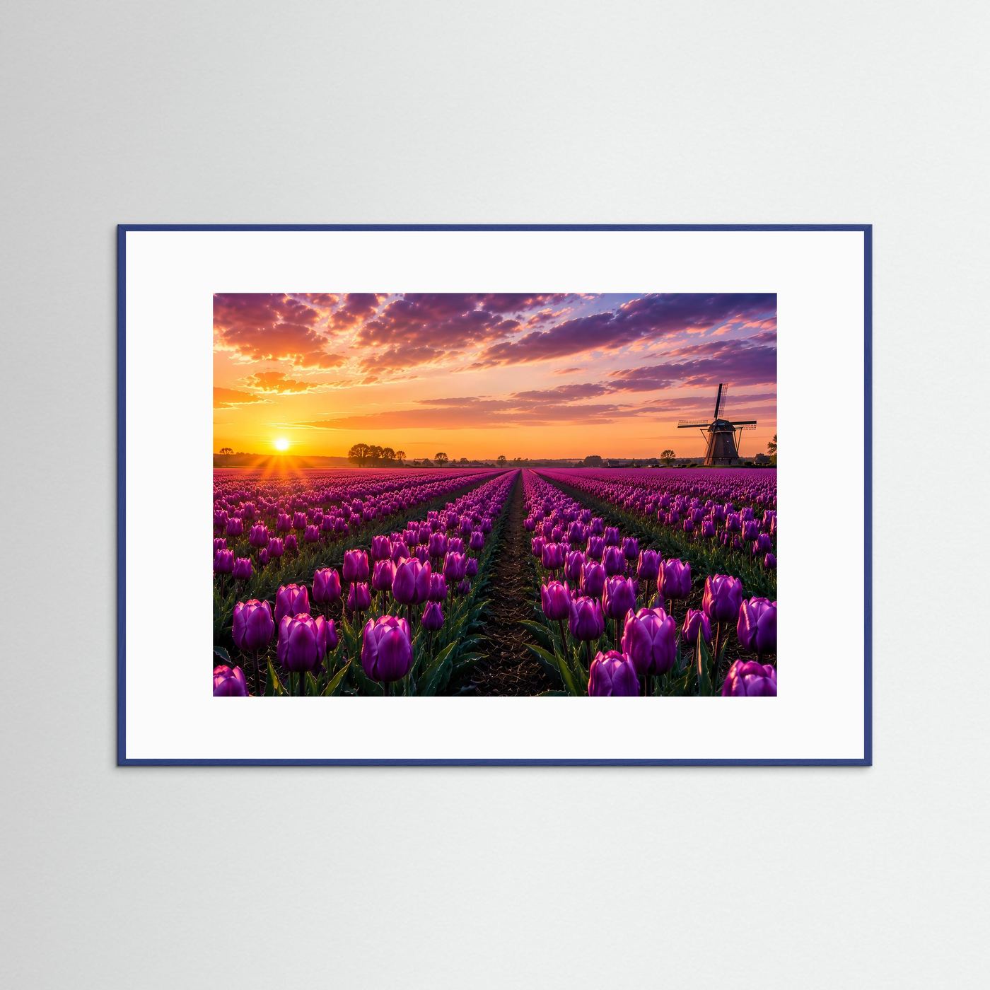 Gerahmter Kunstdruck mit lila Tulpenfeld und Windmühle bei Sonnenuntergang, blauer Rahmen