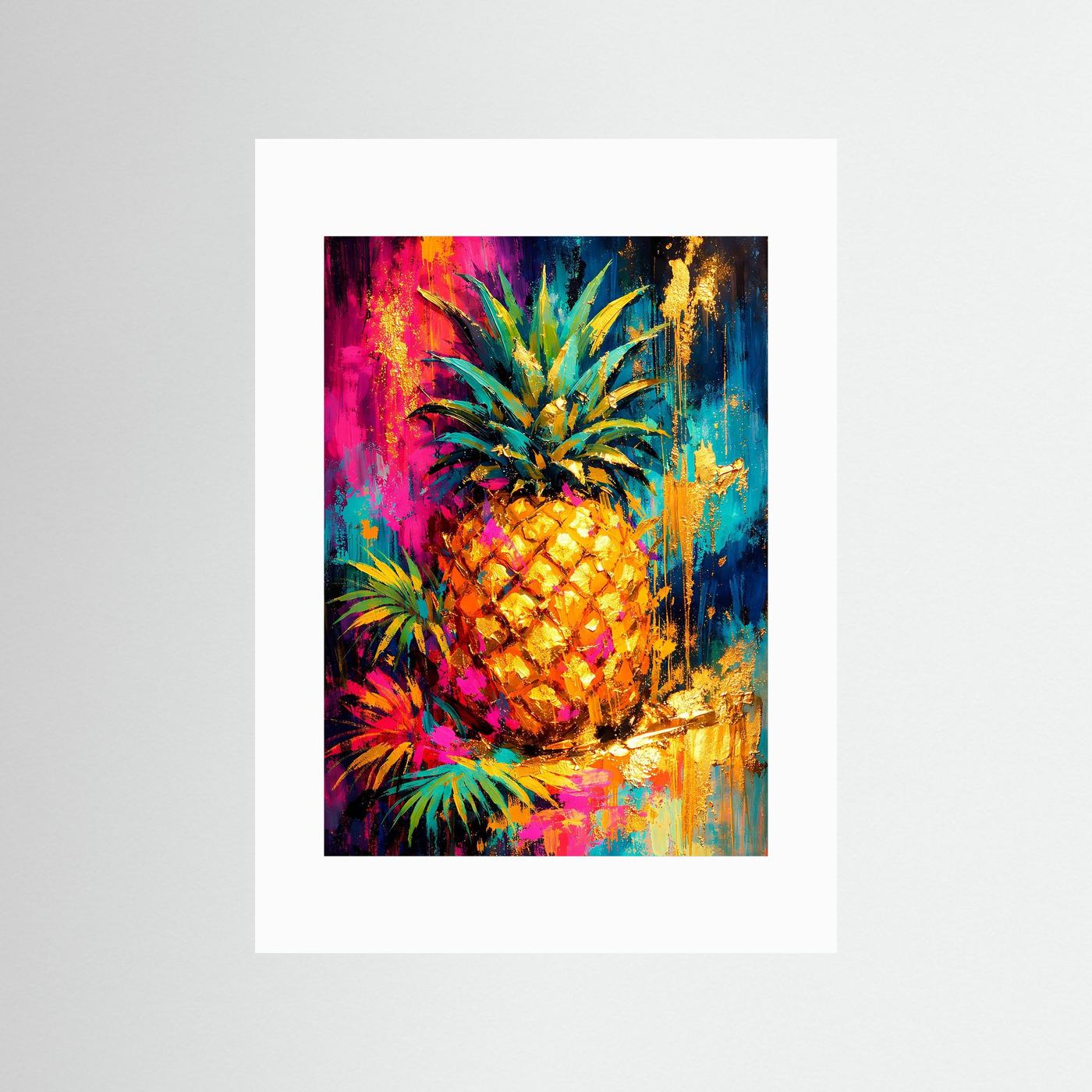Kunstdruck im Hochformat mit Passepartout: abstrakte Ananas mit Palmenblättern und Goldakzenten