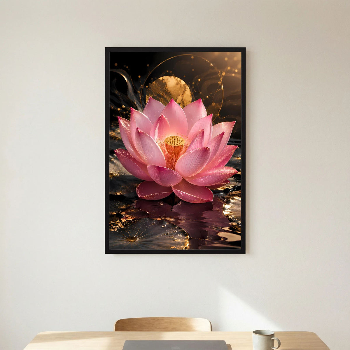 Lotusblüten-Poster im schwarzen Rahmen, rosa Lotusblüte mit goldener Mitte, wandhängend
