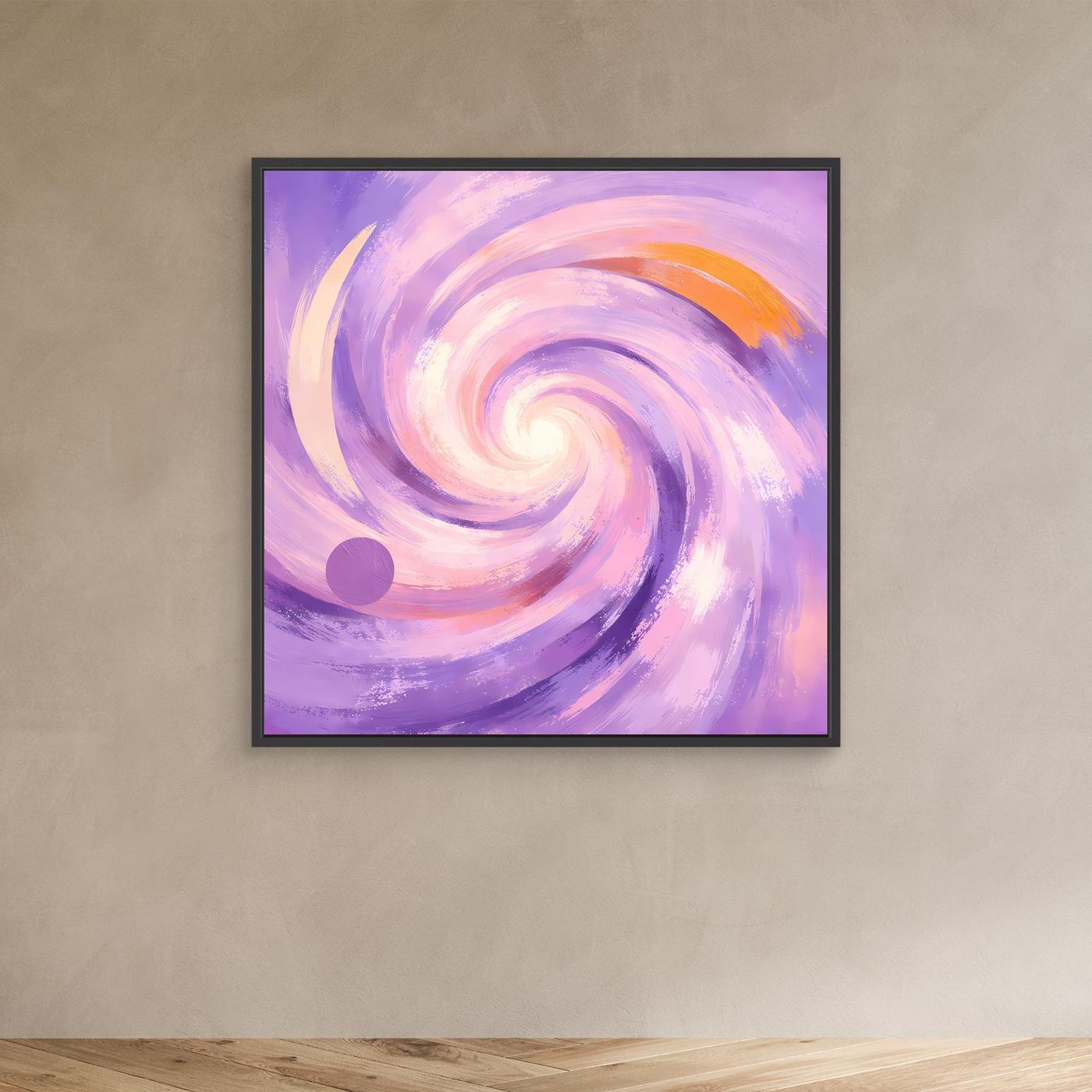 Leinwandbild mit abstraktem Pastell-Wirbel in Flieder und Rosa, schwarzer Rahmen
