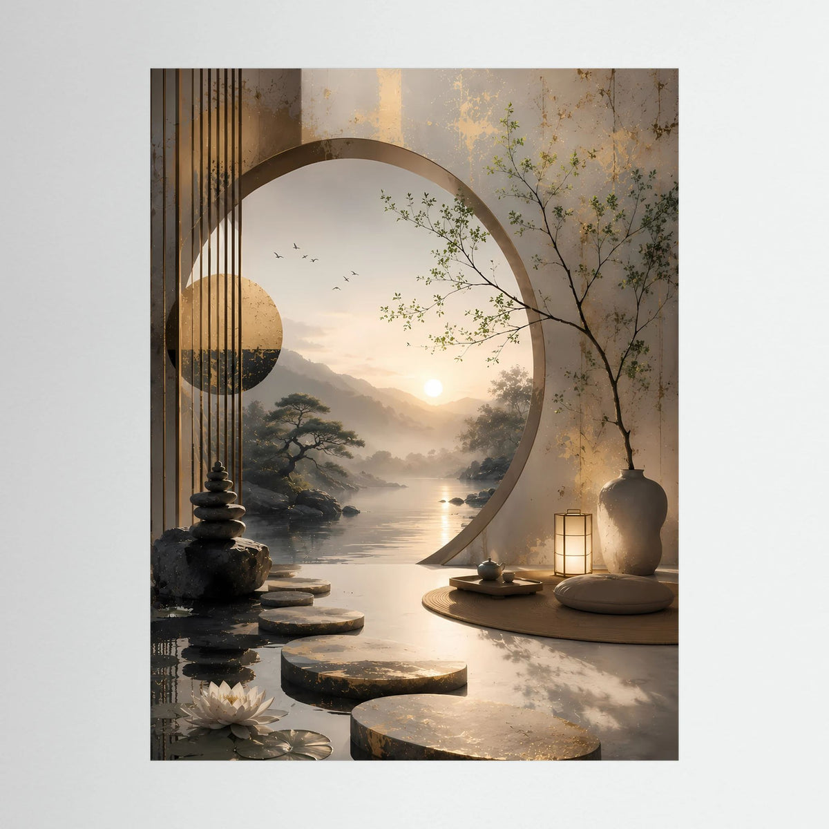 Hochformatiges Poster im schwarzen Rahmen mit Zen-Garten, Sonnenaufgang, Wasser und Lotusblüten.