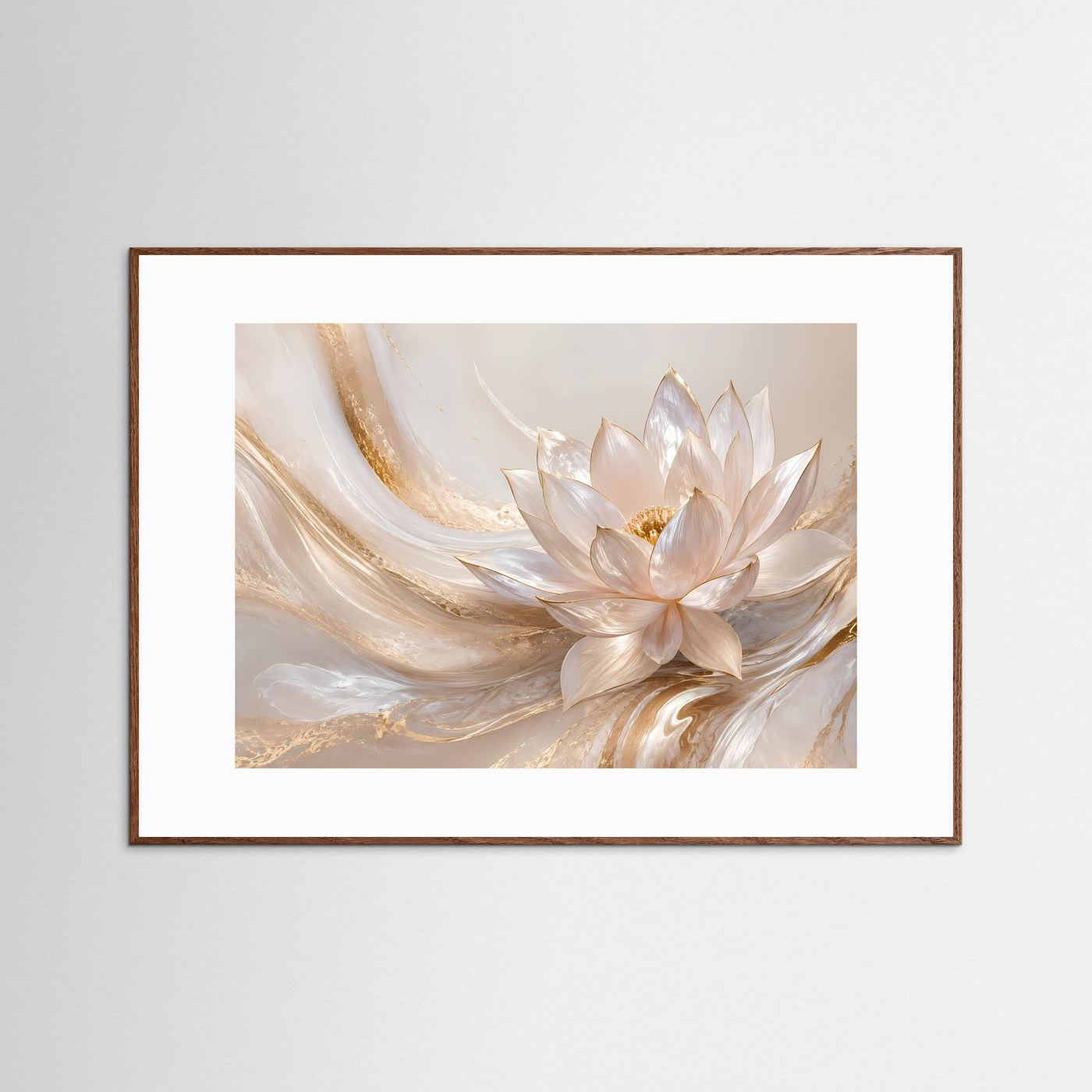 Poster Querformat mit Lotusblüten in Creme und Gold im braunen Holzrahmen mit Weißrand