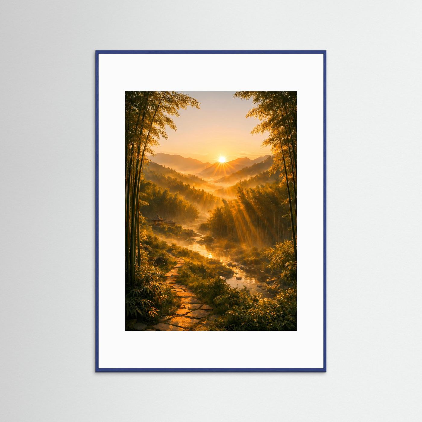 Wandposter im Hochformat mit Waldweg, goldenem Sonnenaufgang und blauem Rahmen